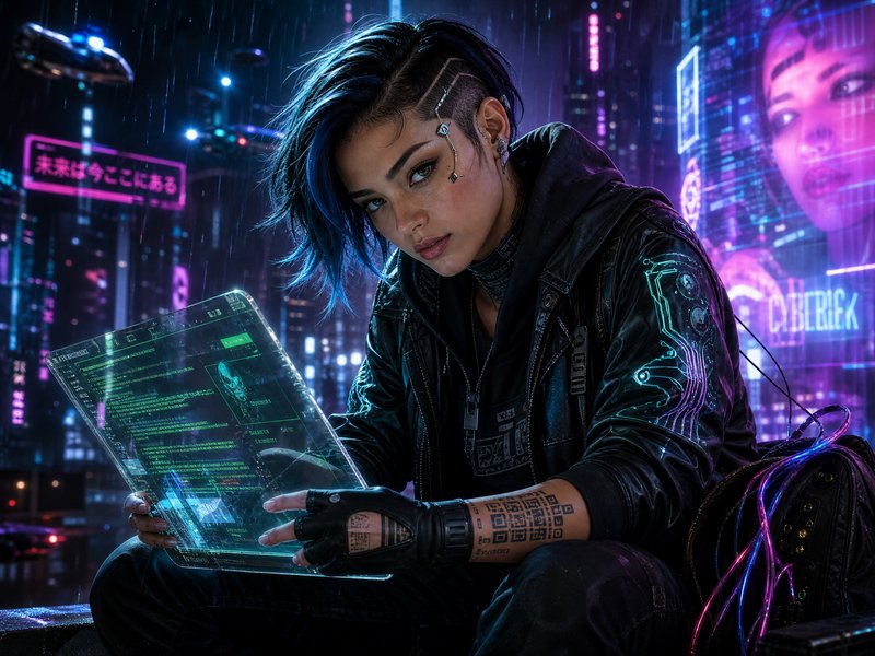 Cyberpunk hacker with blue-dyed hair using a holographic tablet in a neon-lit rain-soaked city.