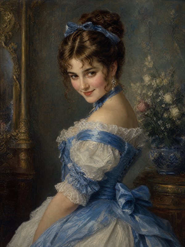 Portrait of a smiling woman in a blue-and-white period dress with bow in her hair.