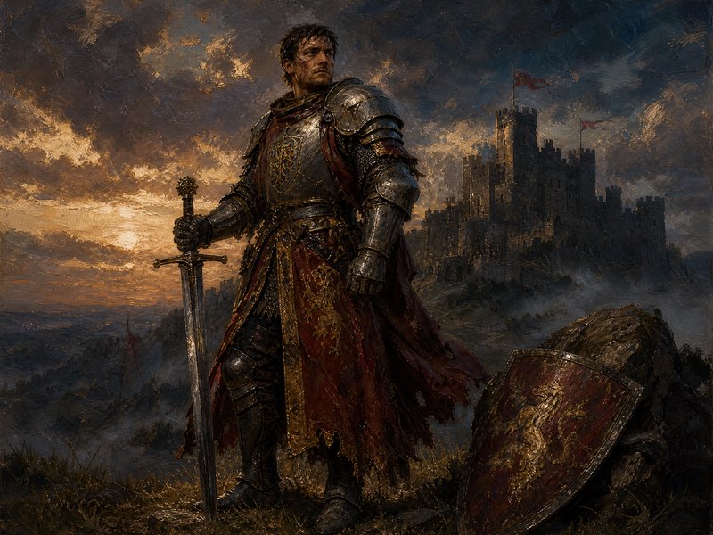 Armor-clad medieval knight stands with sword and shield before a stormy castle.
