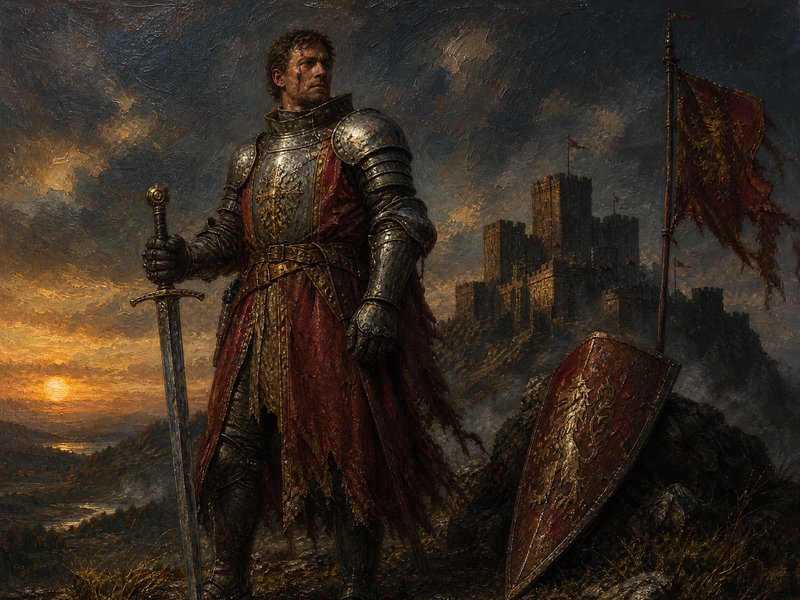 Armored medieval knight standing with sword and shield before a castle at sunset.