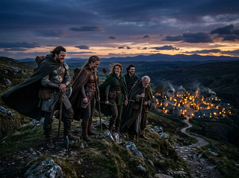 Group of medieval fantasy warriors trekking along a hillside at sunset toward a torch-lit village.