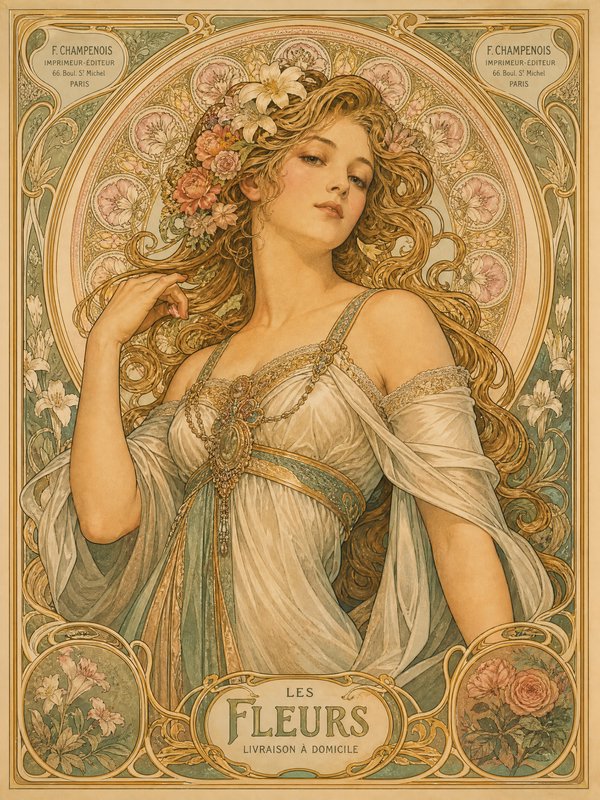 Art Nouveau illustration of a woman in a flowing gown with flowers in her hair, ornate circular frame.