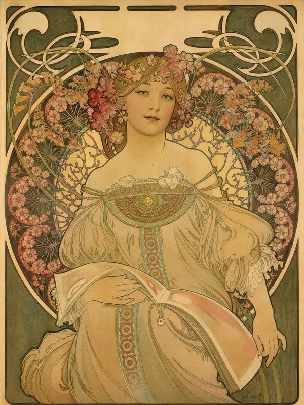 Art Nouveau illustration of a serene woman in a flowing pastel dress with a floral headdress and intricate vine background.