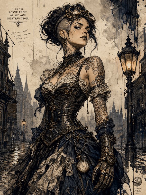 Steampunk woman in a lace corset dress with gears and goggles on a misty, antique city street.