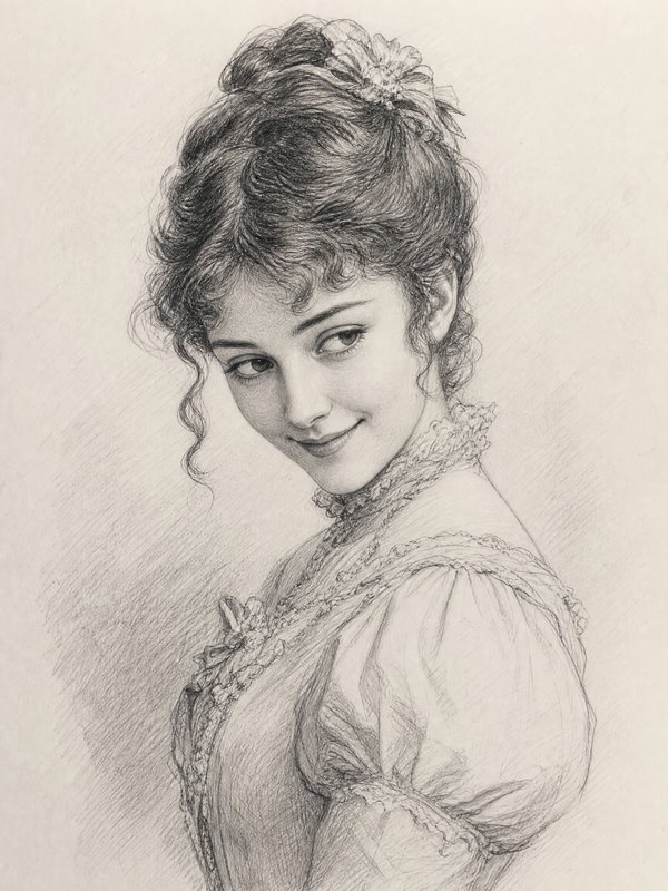 Soft pencil sketch of a graceful 19th-century woman with an updo and lace collar.