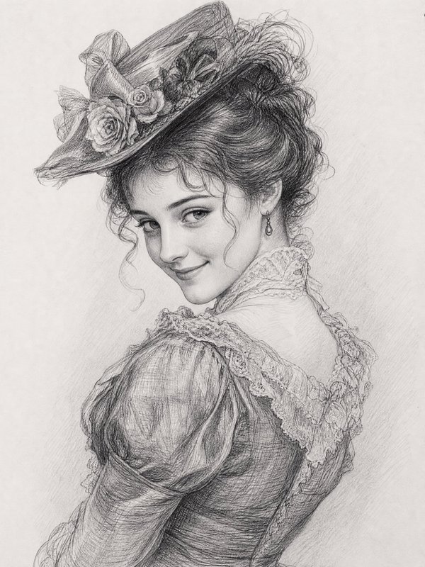 Vintage-inspired pencil sketch of a woman in a lace dress with a large hat and roses