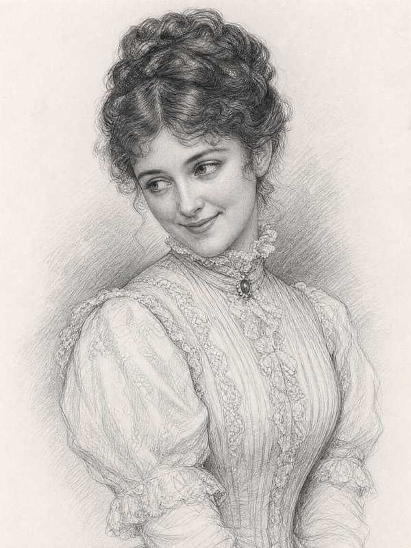 Vintage pencil portrait of a smiling woman in a lace Victorian dress with a high collar.