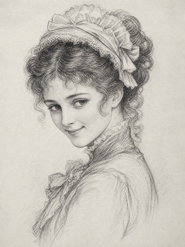 Vintage graphite sketch of a young woman with a ruffled headband, looking over her shoulder.