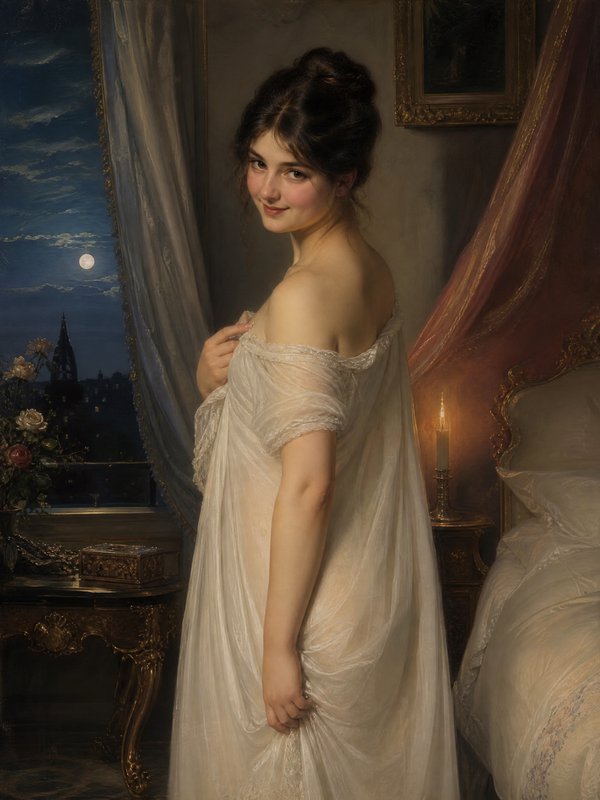 Romantic 19th-century portrait of a woman in a sheer white gown standing beside an ornate bed.