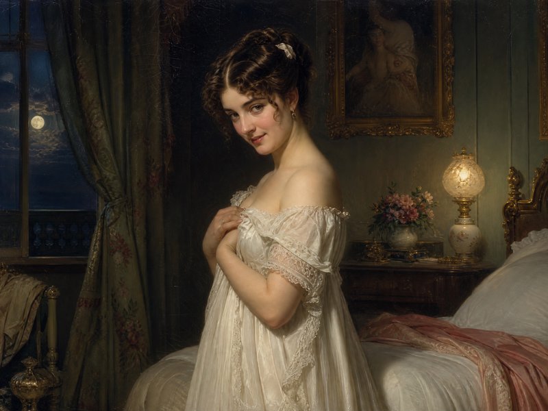 Portrait of a young woman in an off-shoulder white nightgown standing by a bed in a softly lit, ornate bedroom.