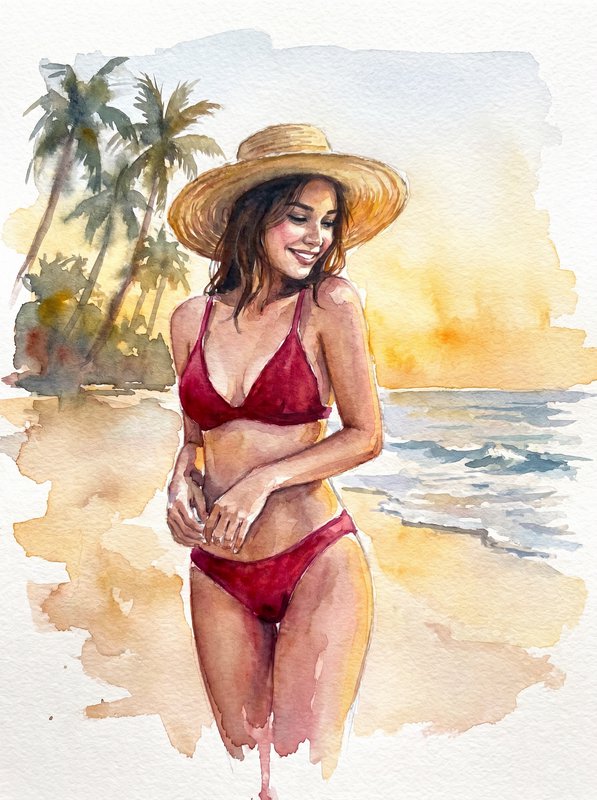 Watercolor illustration of a smiling woman in a red bikini on a sunny beach with palm trees.