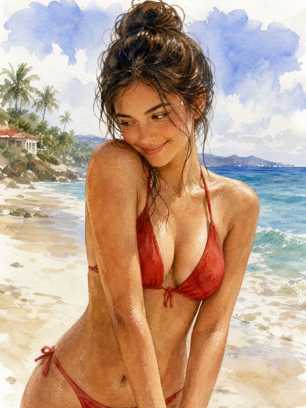 Woman in a red bikini on a sunny tropical beach with palm trees and blue ocean.
