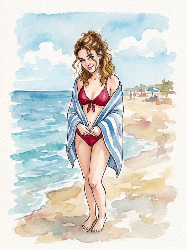 Watercolor illustration of a woman in a red bikini standing on a sunny beach with a light blue cover-up.