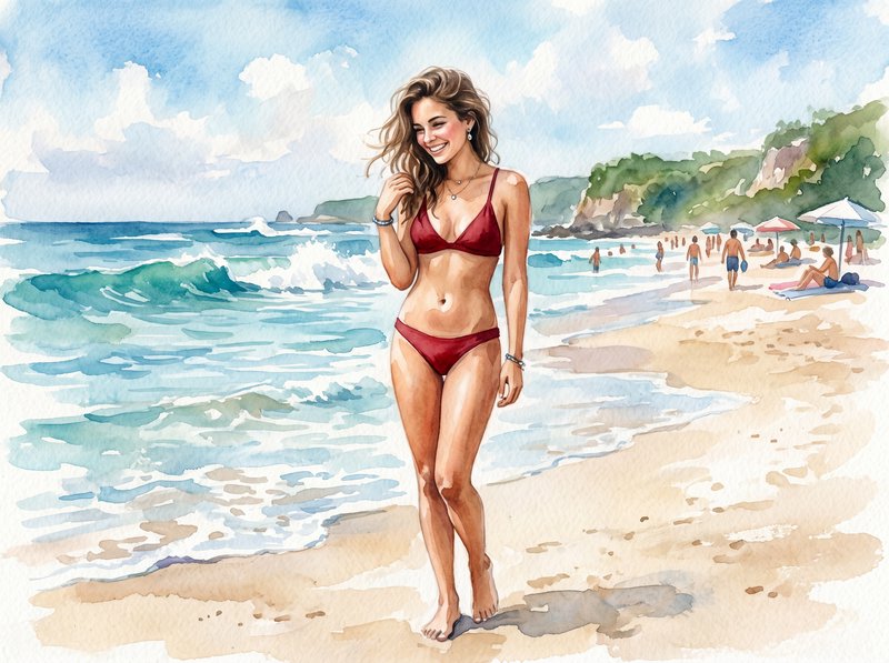 Woman in red bikini walking along sunny beach with ocean waves, watercolor illustration.