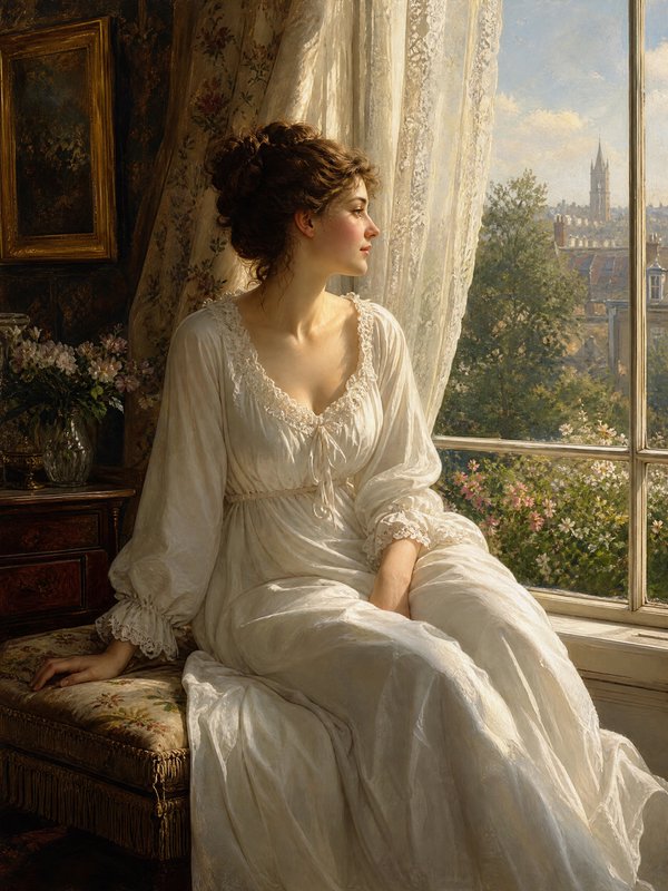 Woman in a white vintage dress sits by a sunlit window with a city view outside.