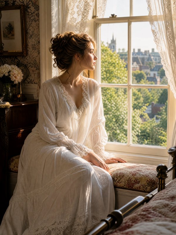 Woman in white lace nightgown sitting by sunlit window in vintage bedroom, gazing outside.