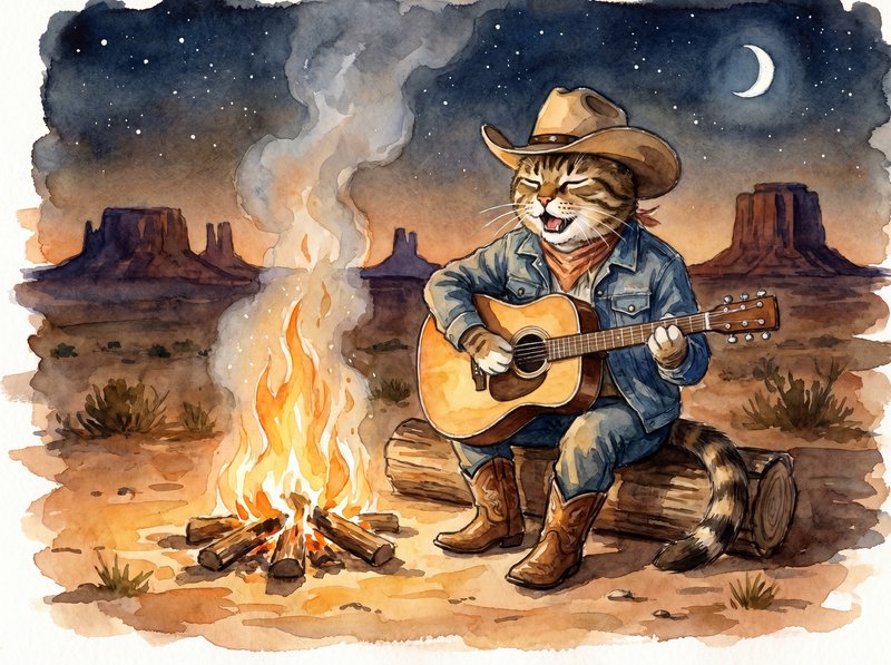 Whimsical cat in a cowboy hat playing an acoustic guitar by a desert campfire at night.