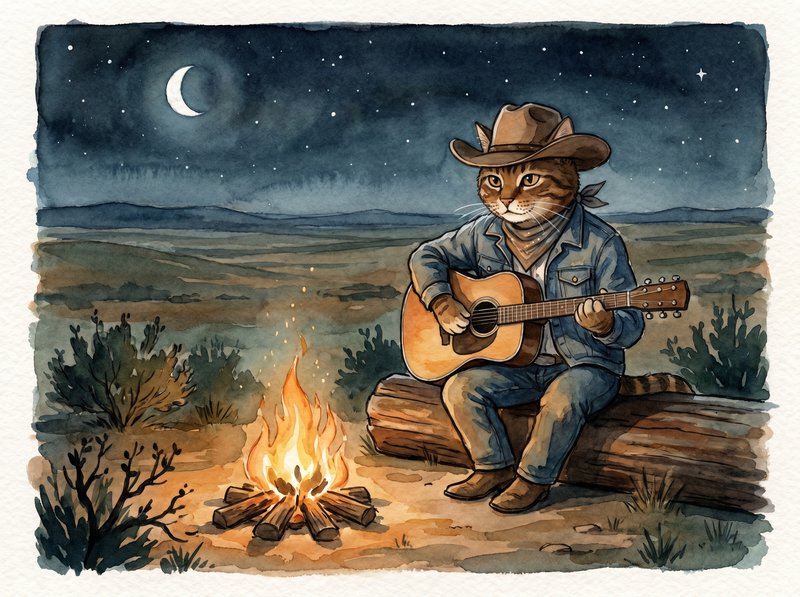 Cat wearing a cowboy hat playing an acoustic guitar by a campfire at night in a desert landscape.