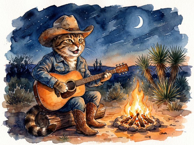 Cat in a cowboy hat plays an acoustic guitar by a campfire in a desert night scene.