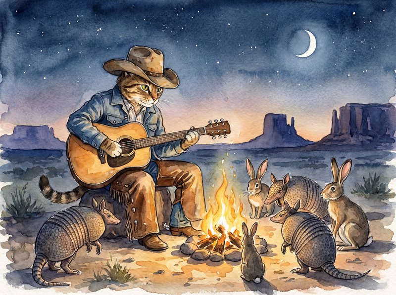 Cat wearing a cowboy hat plays a guitar by a desert campfire at night, surrounded by rabbits and armadillos.