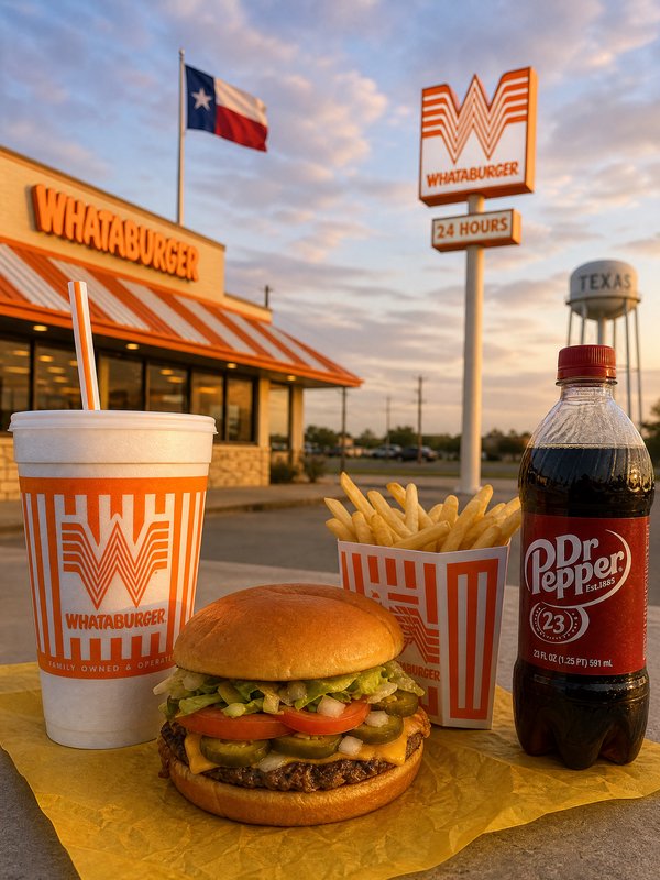 Whataburger meal with burger, fries, drink outside at sunset, Texas flag and Whataburger sign in background