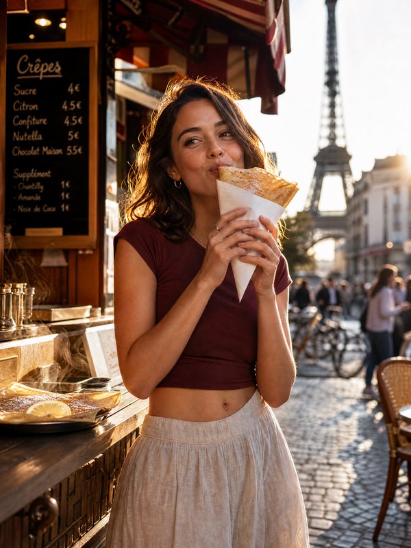 Young woman enjoying a crepe at a Paris street stall with the Eiffel Tower in the background.