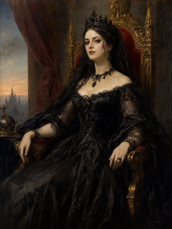 Portrait of a regal woman in a black lace gown and crown seated on an ornate throne.