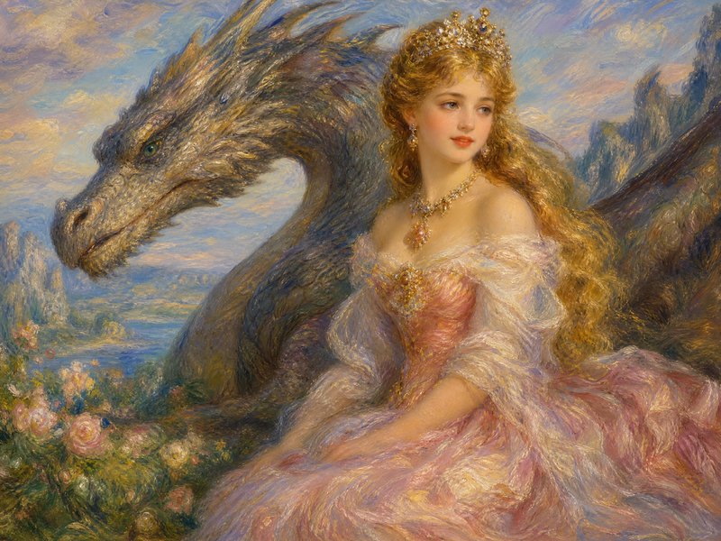 Elegant princess in a pink gown sits beside a dragon in a flowering, sunlit landscape.