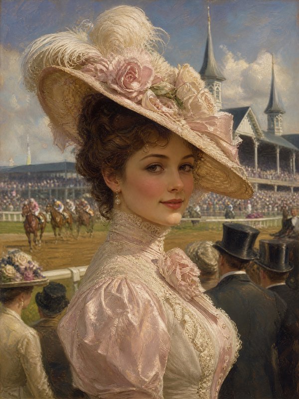 Elegant portrait of a woman in a large feathered hat with pink flowers at a horse racing event.