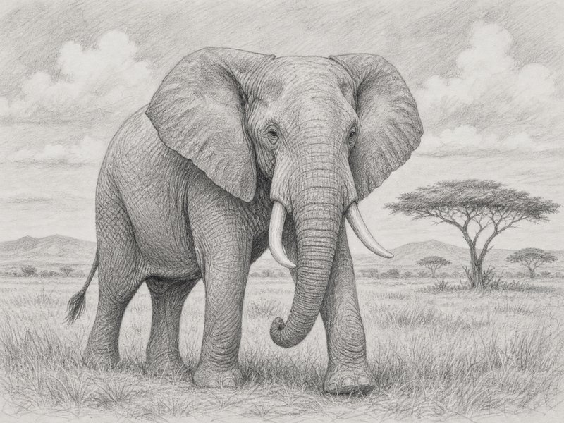 Detailed pencil drawing of an African elephant standing in the savannah with acacia trees in the background