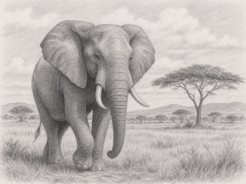 Pencil sketch of an African elephant walking in the savannah with acacia trees in the background