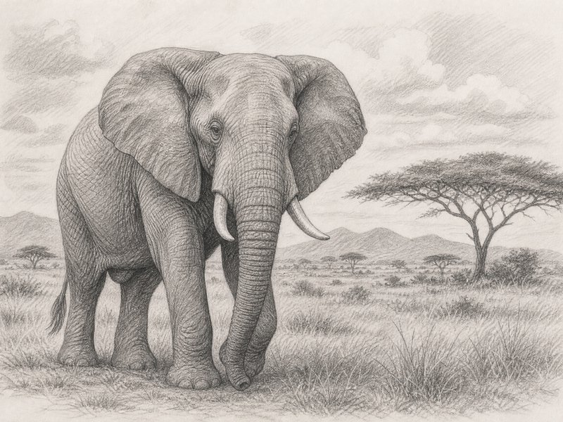 Pencil sketch of a solitary African elephant in the savanna with acacia trees in the background.