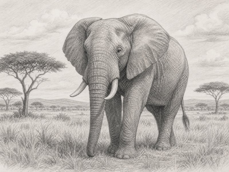 Realistic pencil drawing of an African elephant standing in a savanna landscape.