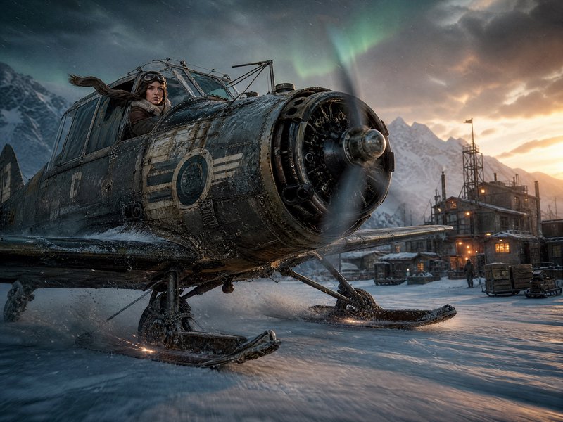 Vintage military helicopter perched on snowy ground under the northern lights.