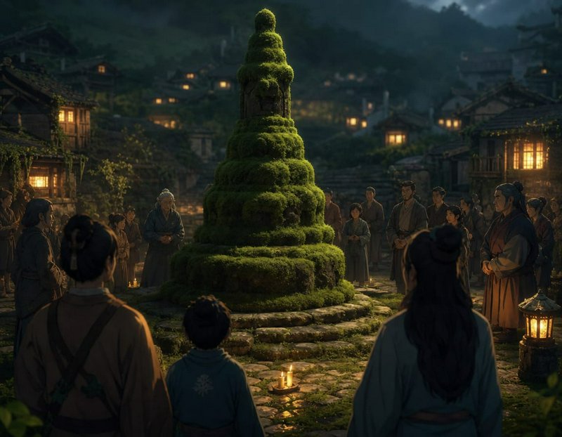 Nighttime village square with people in traditional robes around a moss-covered, tiered stone monument.