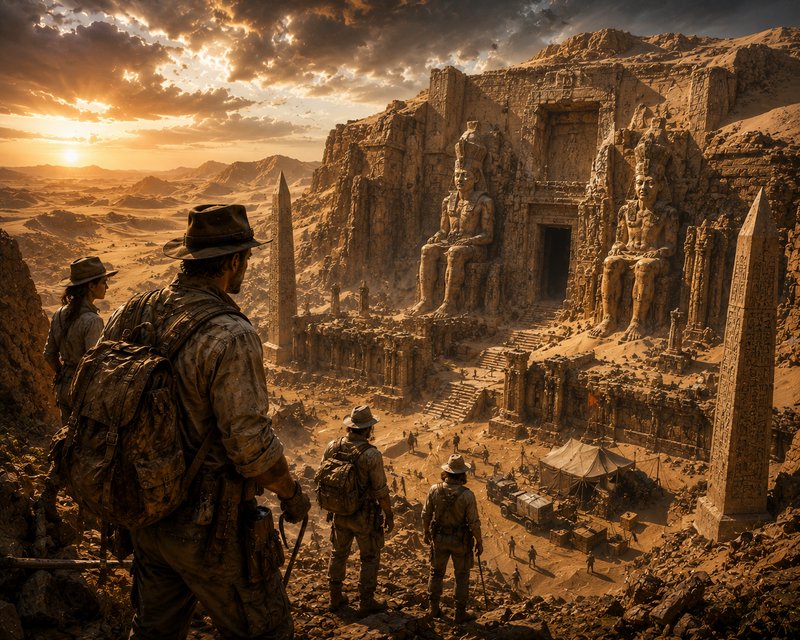 Adventurers overlook a desert temple with giant seated statues carved into rock at sunset.