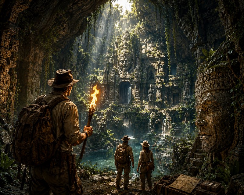 Explorer with a torch near ancient jungle temple ruins and stone faces