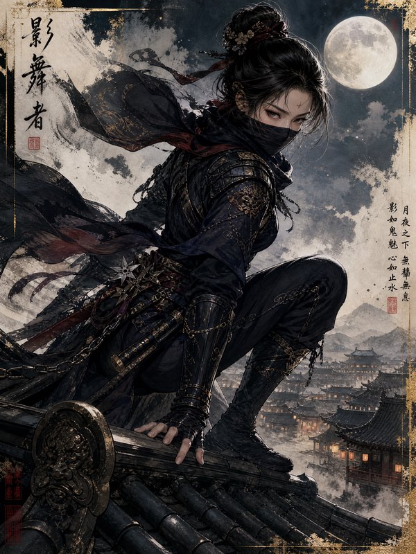 Female warrior in dark armor perched on a tiled rooftop under a full moon