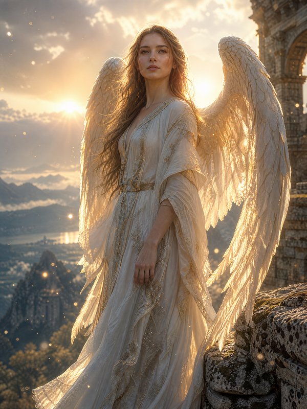 Angelic woman with large white wings stands on an ancient stone terrace at golden hour.