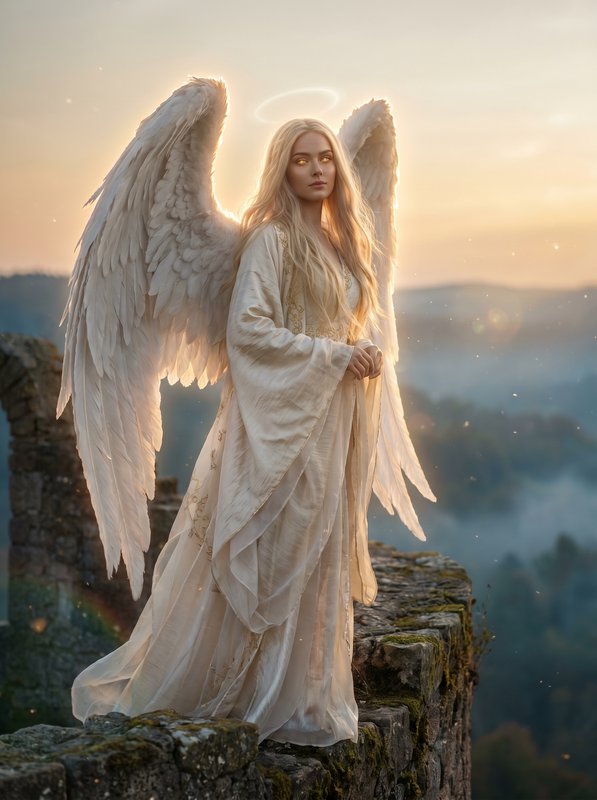Angelic figure with large white wings and halo on a stone ledge at sunset.