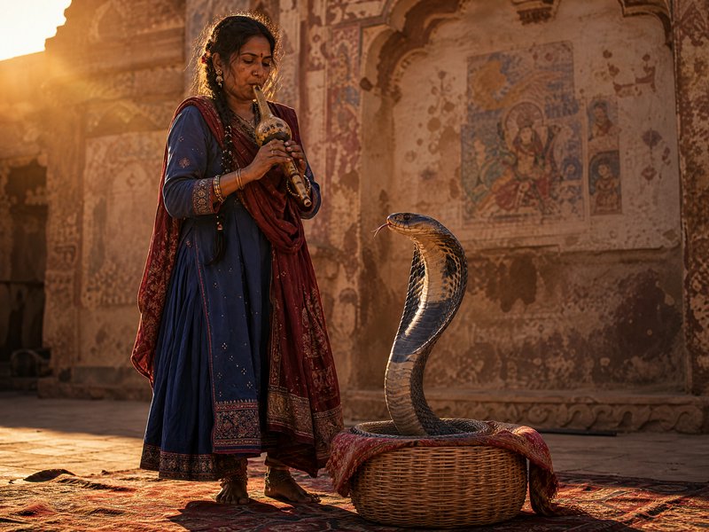 Woman in traditional Indian dress playing a pungi beside a cobra emerging from a basket.
