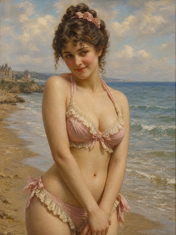 Young woman in pink lace lingerie posing on a sunny beach in a classic painted scene.