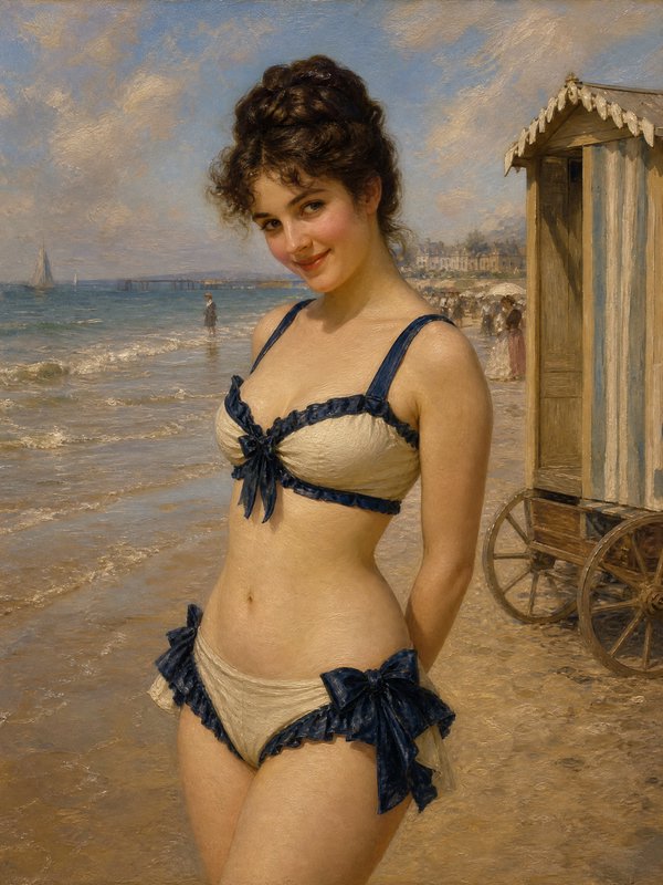 Impressionist painting of a smiling woman in a cream and navy bikini at the sunny beach.