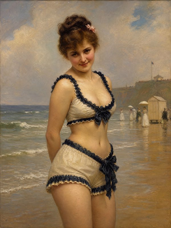 Young woman in a vintage beige bikini with navy trim posing on a sunny seaside beach.