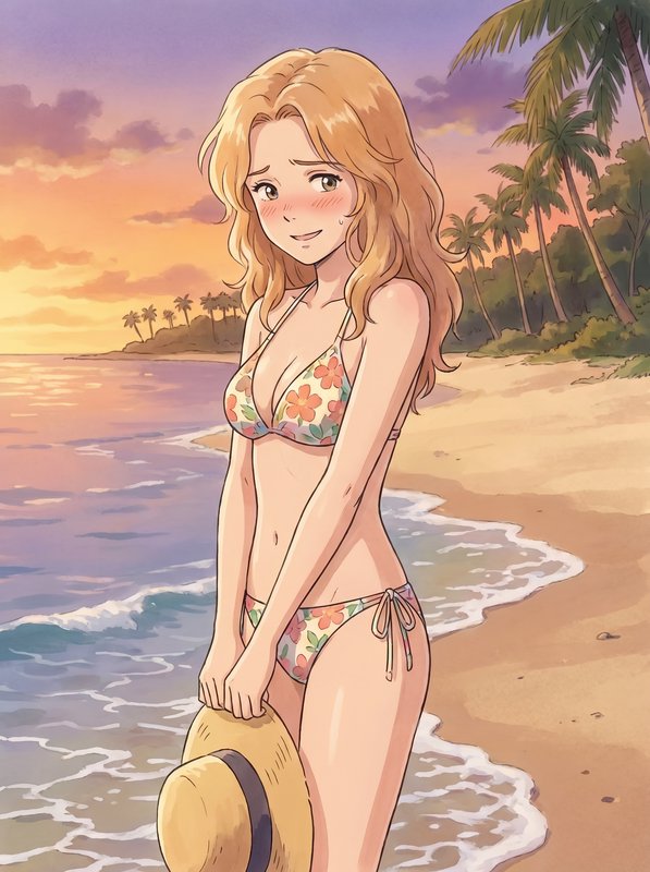 Anime-style girl in a floral bikini on a tropical beach at sunset, holding a straw hat.