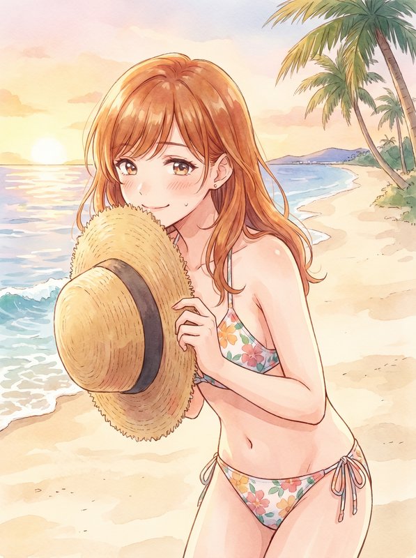 Anime-style girl in a floral bikini holding a straw hat on a sunny tropical beach.