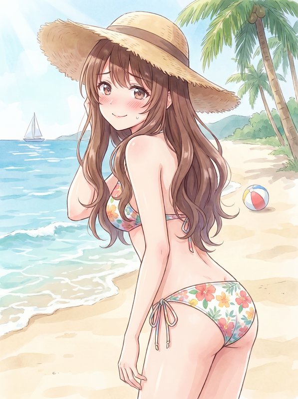 Anime-style girl in a floral bikini on a sunny beach wearing a wide straw hat.