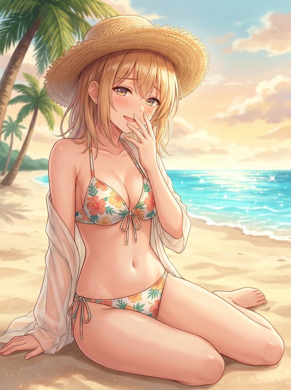 Anime-style woman in a floral bikini sits on the beach under a straw hat by the turquoise ocean.