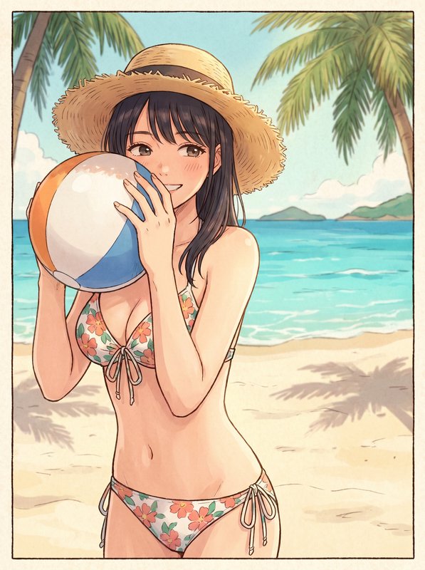 A bikini-clad woman in a straw hat holds a beach ball on a sunny tropical beach.
