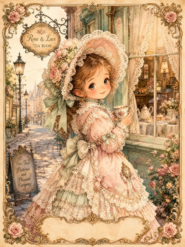 A cute girl in a pastel pink lace Victorian dress with bonnet holds a teacup outside a tea room.